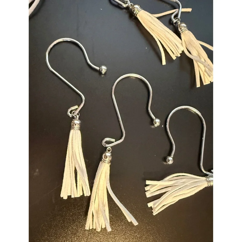 Set of 12 Silver Metal Shower Curtain Hooks with White Faux Suede Tassels Boho